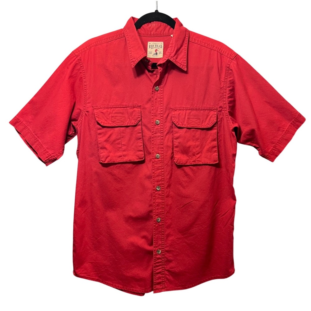 Red Head Brand Mens Medium Red Short Sleeve Button‎ Up Shirt Pockets Outdoor